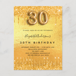 30års födelsedag party guld vid glitter vid inbjudan vykort