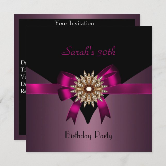 30års födelsedag Party judel Bow Black Lila Rosa Inbjudningar (Fram/baksida)