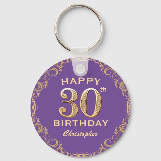 30års födelsedag Party Lila och Guld Glitter Ram Nyckelring (Framsida)