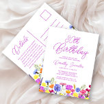 30års födelsedag Party Lila Wildblommor till överk Inbjudan Vykort<br><div class="desc">En söt vildblomma gräns dekorerar grund i denna vuxen, ett betalbart vykort för inbjudan till 30års födelsedag. Blå-, gult- och orange blommor skapar en färgstark design och lycklig för att fira denna milstolpe-födelsedag. Modern och enkel kalligrafi i lila gör att trendiget får en ny beröring till behållan. Det öppna och...</div>