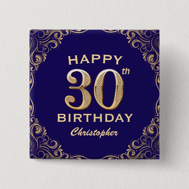 30års födelsedag Party, marinblått och Guld Glitte Knapp (Framsida)