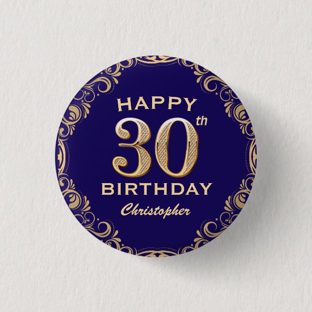 30års födelsedag Party, marinblått och Guld Glitte Knapp (Framsida)