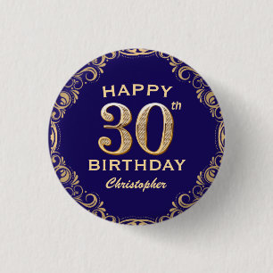30års födelsedag Party, marinblått och Guld Glitte Knapp