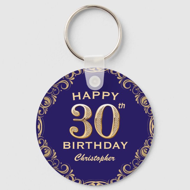 30års födelsedag Party, marinblått och Guld Glitte Nyckelring (Framsida)