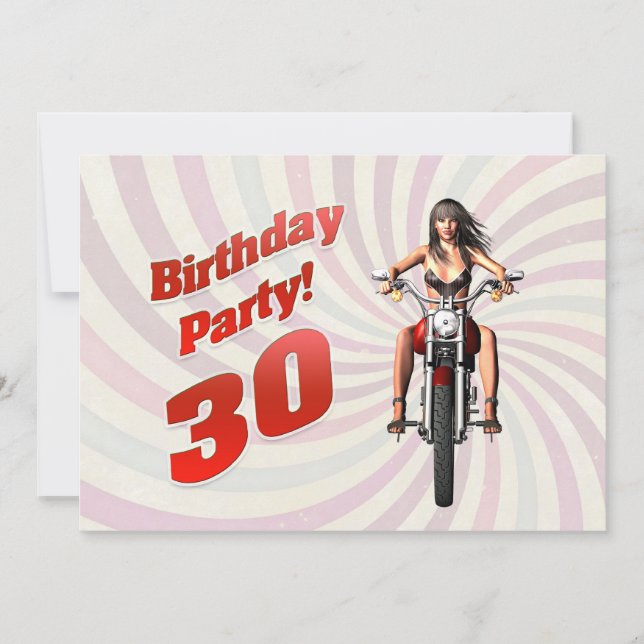30års födelsedag party med en tjej på motorcykel inbjudningar (Framsida)