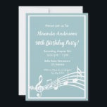 30års födelsedag party musik noter tealblått inbjudningar<br><div class="desc">Låt oss party och dansa! Ett trendig,  ett modernt 30års födelsedag-inbjudningskort. Glasögonbotten,  ljusblå färgad med vit ram och musik noter,  vit brev. Mallar för information om party. Tillbaka: musik noter.</div>