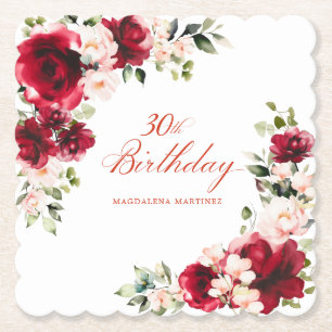30års födelsedag Party Red Rosa Blommigt Anpassnin Underlägg Papper