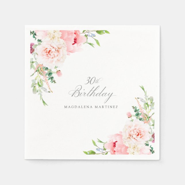 30års födelsedag Party Rosa Blommigt Anpassningsba Pappersservett (Framsidan)