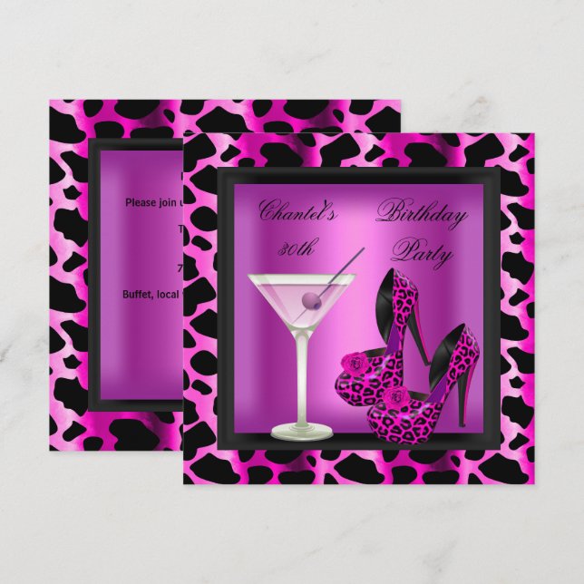 30års födelsedag Party Shock rosa Leopard Martini Inbjudningar (Fram/baksida)