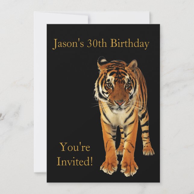 30års födelsedag Party Tiger vid svart Inbjudningar (Framsida)