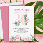 30års födelsedag Party Tropical Rosa Protea nummer Inbjudningar<br><div class="desc">Partikelinbjudan från 30års födelsedag med nummer 30,  dekorerad med tropiska handflatan-löv,  rosa-proteablommor och kokokosnöt. Diskret feminin- och elegant med vattenfärgsarrangemang för blommigt i skuggor av rosa och grönt. Perfekt för 30års födelsedag firande,  luau party eller trädgårdstek party.</div>