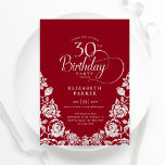 30års födelsedag Red Silver Ro Inbjudningar<br><div class="desc">Röda silver elegant 30års födelsedag-festinbjudan. Klassdesign med ro,  faux silver-folie och typsnitt för typsnitt. Trendig inbjudan-kortets perfekt för en snyggt kvinnlig dag firande. Anpassa med dina egna detaljer. Kan anpassas till vilken ålder som helst. Skrivna Zazzle-inbjudningar eller digital utskrivbar mall för omedelbar nedladdning.</div>
