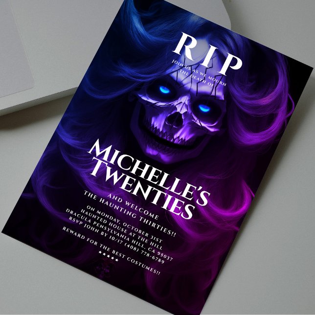 30års födelsedag RIP 20 Dam Skull Rosa Lila Inbjudningar (30th Birthday RIP Twenties Lady Skull Pink Purple Invitation
)