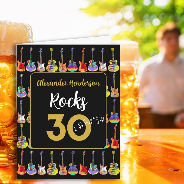 30års födelsedag Rock and roll Guitar add Namn Kort (30th birthday rock and roll guitar black and gold personalized rocks 30 greetings card)