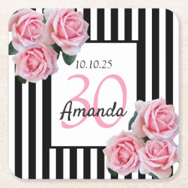 30års födelsedag rosa blommigt svart, vitt rand underlägg papper kvadrat
