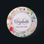 30års födelsedag rosa blommor elegant namn knapp<br><div class="desc">En tidlös elegant- och trädgårdsmagnet i en romantisk bohemi, boho stil i 30års födelsedag med mjuka pasteller och vattenfärgade blommor i löven rosa och persiko och grönt. En ljusvit bakgrund. Mall för namn, ålder och datum. Namn är skrivet i lila med ett handskript i stil. Välj party favors eller spara...</div>