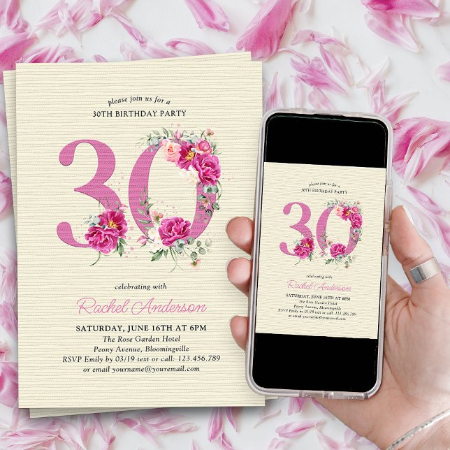 30års födelsedag Rosa Peony-Blommigt nummer 30 Inbjudningar (30th Birthday Invitation with pink floral number 30 - elegant vintage design with roses and peonies)