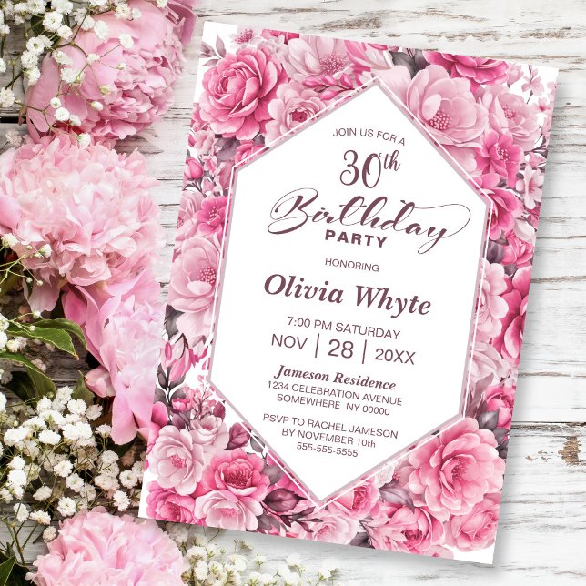 30års födelsedag Rosa ros Blommigt Party Inbjudningar (Skapare uppladdad)