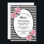 30års födelsedag rosa ros på svartvit rand inbjudningar<br><div class="desc">Klassiskt smalt svart och vitt rand som bakgrund. Med rosa ros som dekoration. Ett ovalt ram med mallar för information om party. En gigantisk,  feminin och elegant 30års födelsedag-partiinbjudan.</div>