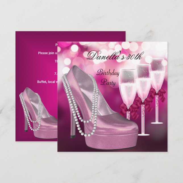 30års födelsedag Rosa Shoes Hi Heels Champagne Inbjudningar (Fram/baksida)