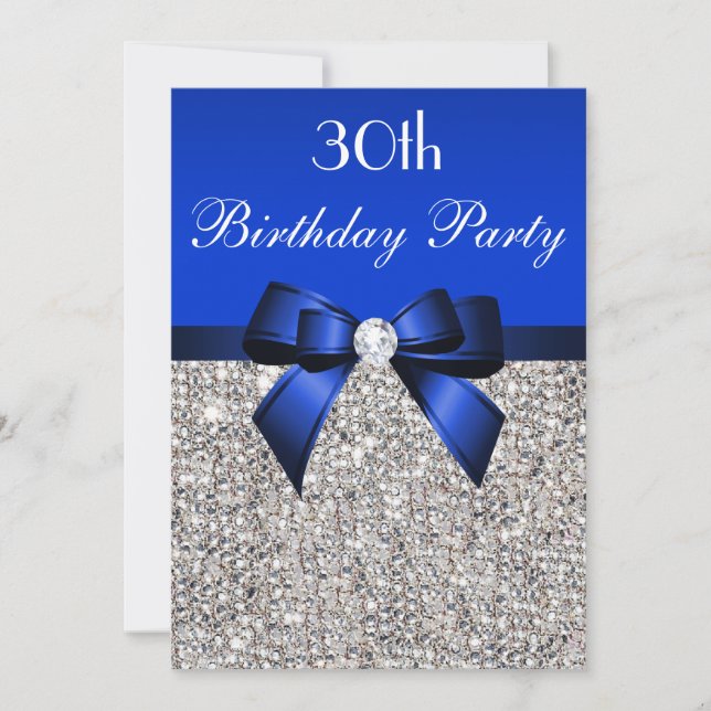 30års födelsedag Royal Blue Bow Silver Sequins Inbjudningar (Framsida)