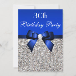 30års födelsedag Royal Blue Bow Silver Sequins Inbjudningar