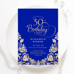 30års födelsedag Royal Blue Guld Ro Inbjudningar<br><div class="desc">Royalets blå guld elegant 30års födelsedag-inbjudan. Klassdesign med ro,  faux guld-folie och typsnitt för typsnitt. Trendig inbjudan-kortets perfekt för en snyggt kvinnlig dag firande. Anpassa med dina egna detaljer. Kan anpassas till vilken ålder som helst. Skrivna Zazzle-inbjudningar eller digital utskrivbar mall för omedelbar nedladdning.</div>
