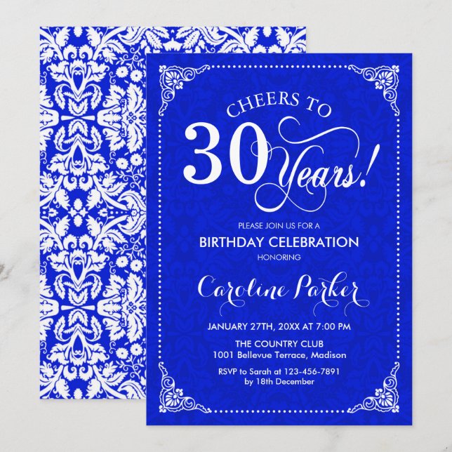 30års födelsedag - Royal Blue White Damask Inbjudningar (Fram/baksida)