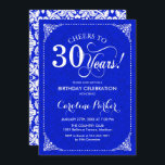 30års födelsedag - Royal Blue White Damask Inbjudningar<br><div class="desc">Inbjudan till 30års födelsedag. Elegantens vintage royal blå och vit design med dämpningsmönster. Teckensnitt för funktionsskript. Skål till 30 år! Kan vara personlig i vilken ålder som helst! Berätta om du behöver anpassa dig ytterligare.</div>