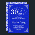 30års födelsedag - Royal Blue White Damask Inbjudningar<br><div class="desc">Inbjudan till 30års födelsedag. Elegantens vintage royal blå och vit design med dämpningsmönster. Teckensnitt för funktionsskript. Skål till 30 år! Kan vara personlig i vilken ålder som helst! Berätta om du behöver anpassa dig ytterligare.</div>