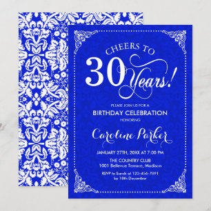 30års födelsedag - Royal Blue White Damask Inbjudningar