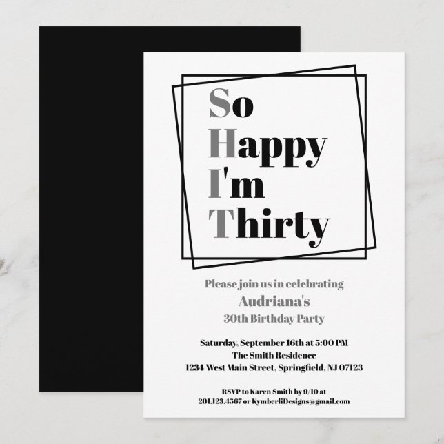 30års födelsedag, så Lycklig är jag trettio Inbjudningar (Fram/baksida)