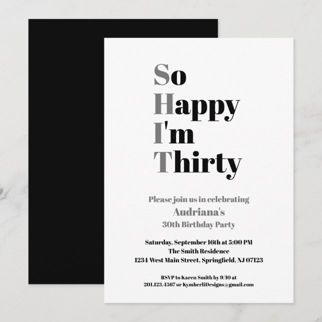 30års födelsedag, så Lycklig är jag trettio Inbjudningar (Fram/baksida)