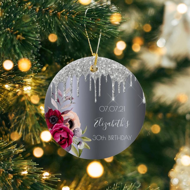 30års födelsedag silver glitter får blommigt burgu julgransprydnad keramik (Skapare uppladdad)