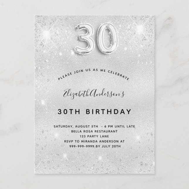 30års födelsedag silver glitter glamoral inbjudan vykort (Framsida)