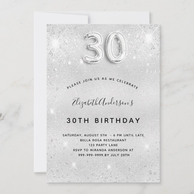 30års födelsedag silver glitter glamoral inbjudningar (Framsida)