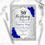 30års födelsedag - Silver Rand Royal Blue Ro Inbjudningar<br><div class="desc">Inbjudan till 30års födelsedag. Utformning av blommigten i silver och royal i blått. Funktioner faux glitter silver rand,  sapphire ro snyggt script och confietti. Perfekt för en glam-födelsedagsfest.</div>