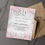 30års födelsedag silver rosa glitter droppar vid  inbjudan vykort<br><div class="desc">En modern, snyggt och glamorös inbjudan till 30års födelsedag party. En faux silver-tittar bakgrund, dekorerad med damm från rosa och faux silver glitter. Anpassa och lägg till ditt namn och information om party. Nummer 30 skrivs med ett stil-skript med ballong. Baksida: Faux silver-bakgrund, vykortsdesign. Tips! Om du inte vill att...</div>