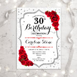 30års födelsedag - Silver White Röd ros Inbjudningar<br><div class="desc">Inbjudan till elegant 30års födelsedag. Snyggtens utformning i vitt,  silver och rött. Funktioner i röd ros,  dammmönster och faux glitter silver konetti. Perfekt för ett glam,  helt vita födelsedag. Kan anpassas för att visa vilken ålder som helst. Berätta om du behöver anpassa dig ytterligare.</div>