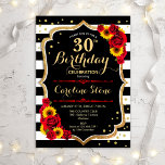 30års födelsedag - Solblommor Ro Black Guld Inbjudningar<br><div class="desc">Inbjudan till Rustic 30års födelsedag. Utformning av blommigten med svart och vitt rand,  solblommor,  röd ros och faux glitter guld. Innehåller typsnitt och konfiguration för snyggt av skript. Perfekt för ett elegant födelsedagsfest. Anpassa med din egen information.</div>