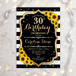 30års födelsedag - Solblommor, svart vita Rand Inbjudningar<br><div class="desc">Inbjudan till Rustic 30års födelsedag. Utformning av eleganten med svart och vitt rand,  solblommor och faux glitter guld. Innehåller typsnitt och konfiguration för snyggt av skript. Perfekt för ett elegant födelsedagsfest. Anpassa med din egen information.</div>