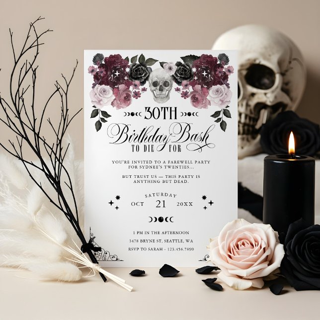 30års födelsedag-streck till dölj för gotisk Blomm Inbjudningar (30th Birthday Bash to Die For Gothic Floral Skull Invitation)