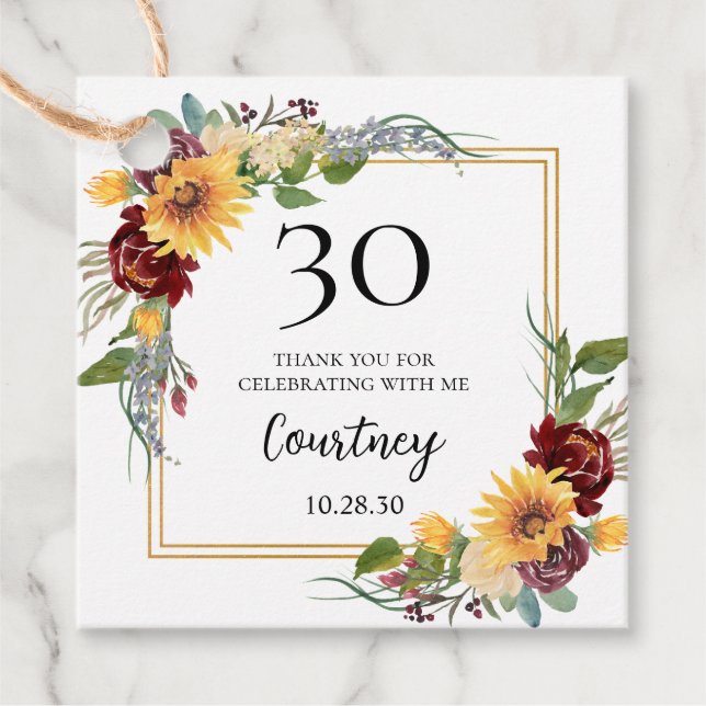 30års födelsedag Sunblommor Tack Gåvor Etiketter (Framsida)