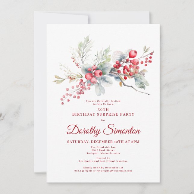 30års födelsedag Surprise Party Greenery Red Berry Inbjudningar (Framsida)