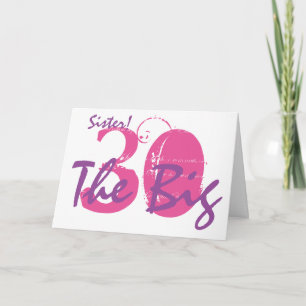 30års födelsedag syster, rosa, lila text på vitt. kort