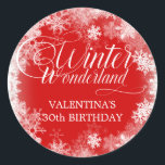 30års födelsedag Winter Wonderland Snowflake Favor Runt Klistermärke<br><div class="desc">Vintervintern i 30års födelsedag har en vacker kalligrafi omgiven av en lush snöflake och snö gräns. Snöflingor går mot den djupa röda bakgrunden. Du kan faktiskt ändra bakgrunden färg till valfritt färg. Winter Wonderland kan inte ändras, men all återstående text kan redigeras. Denna punkt är en del av Winter Wonderland...</div>