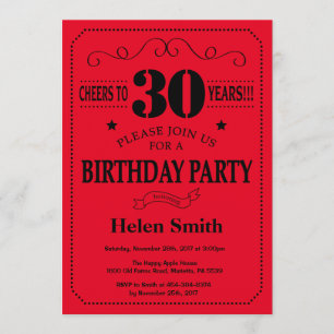 30års födelsedaginbjudansvart och rött inbjudningar