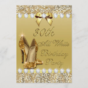 30th All White Birthday Guld Heels Sequin Diamonds Inbjudningar