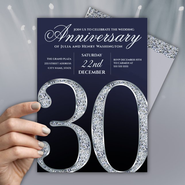 30th Anniversary Diamond Silver Navy Blue Inbjudningar (Skapare uppladdad)