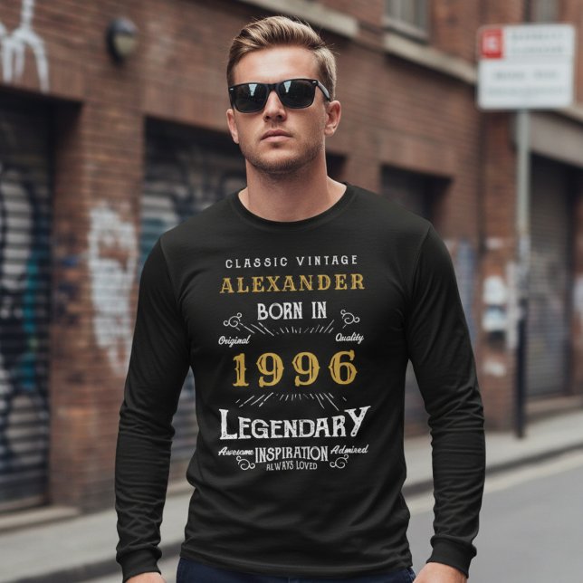 30th Birthday 1996 Add Name Black Gold Legendary T Shirt (Born 1996 legend t-shirt. Urban background out of focus.)